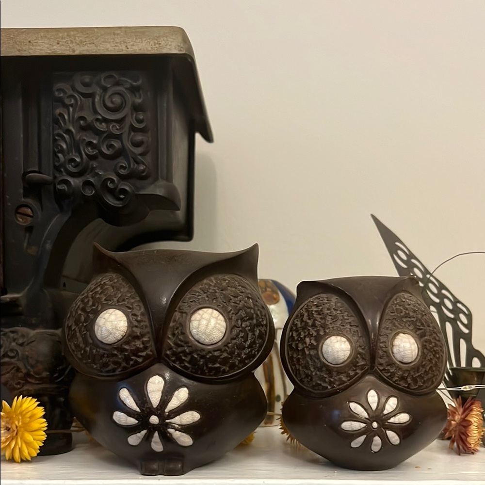 Vtg Charming Brown and Cream Owl Decor Set 🦉